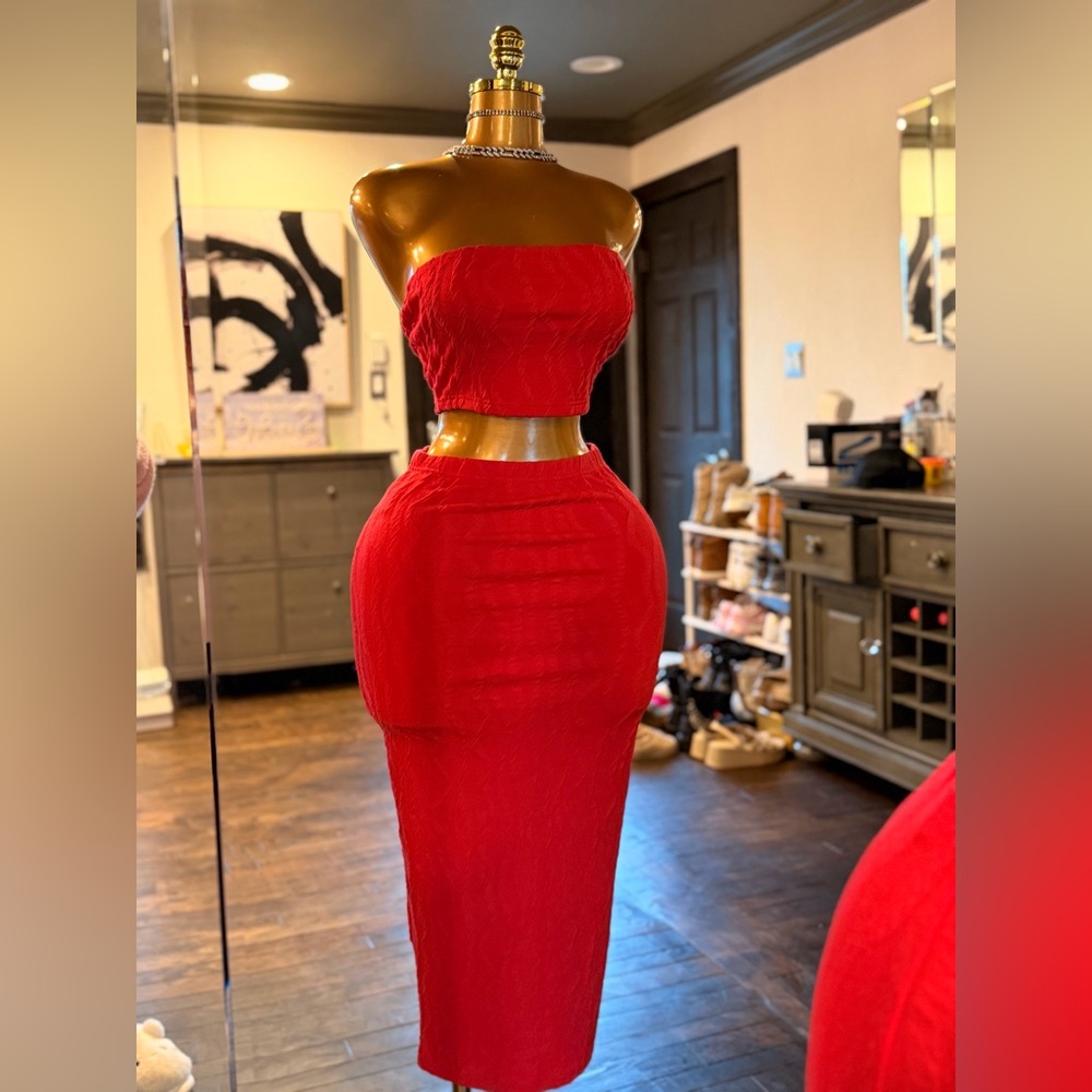 SHEIN Red Strapless Pencil Midi Skirt Set